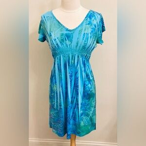 Apt. 9 Blue Turquoise Green Tropical Print Studded Short Sleeve Casual Dress PM